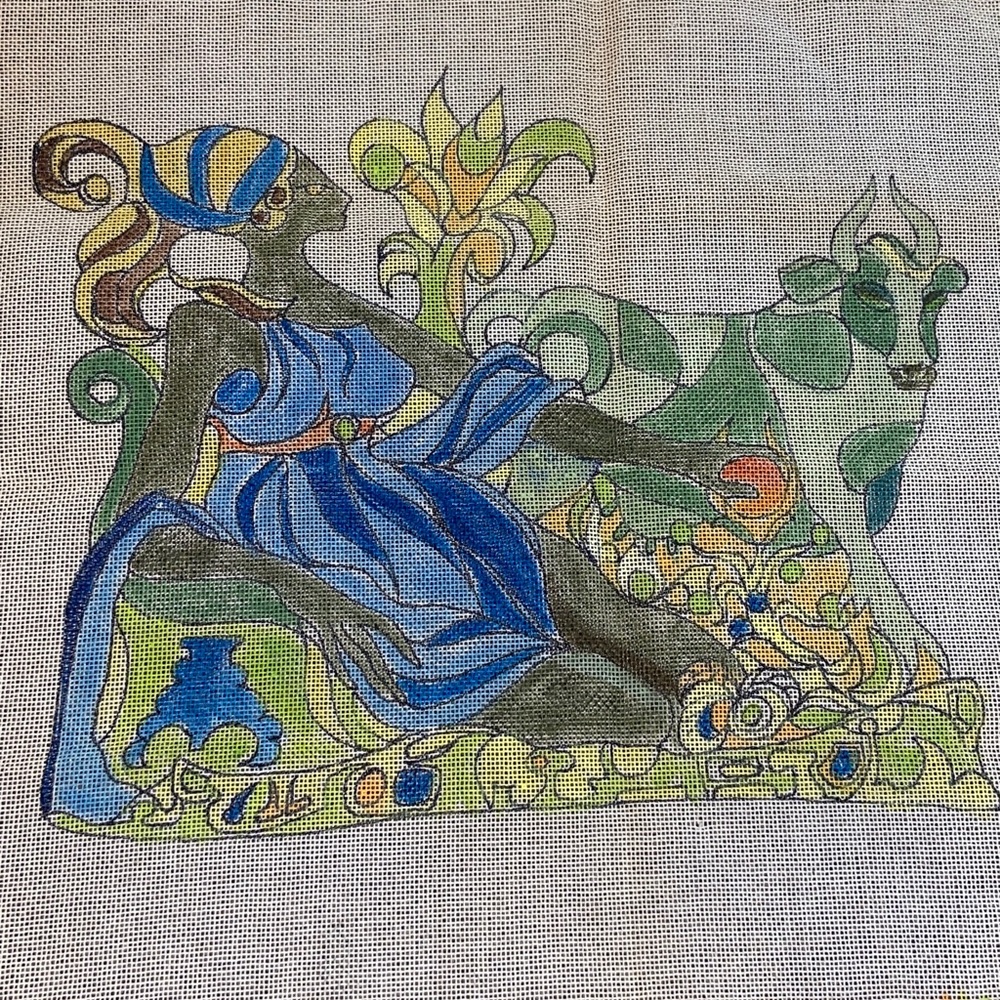 Abstract Reclining Woman and Cow Tapestry in Blue & Green